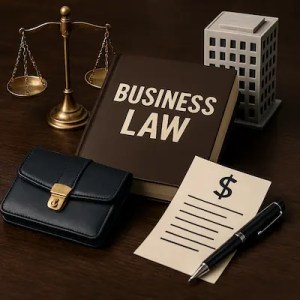 Business law book, scales of justice, and contract on a desk, representing help from a Denver lawyer