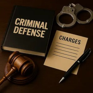 Criminal defense book, handcuffs, gavel, and charges document on a desk,
