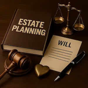 Estate planning book, will document, gavel, and scales on a desk