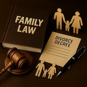 Family law book, wooden family figures, gavel, and divorce decree on a desk