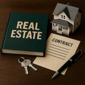 Real estate book, house model, keys, and contract on a desk